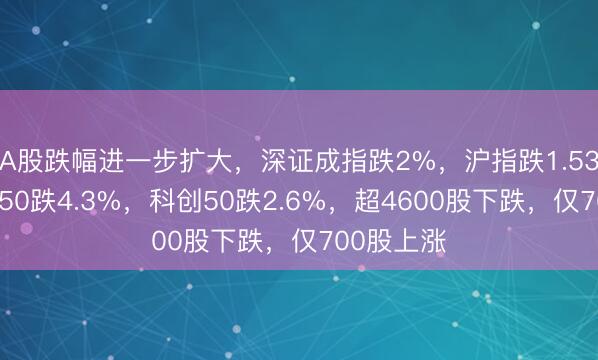A股跌幅进一步扩大，深证成指跌2%，沪指跌1.53%，北证50跌4.3%，科创50跌2.6%，超4600股下跌，仅700股上涨
